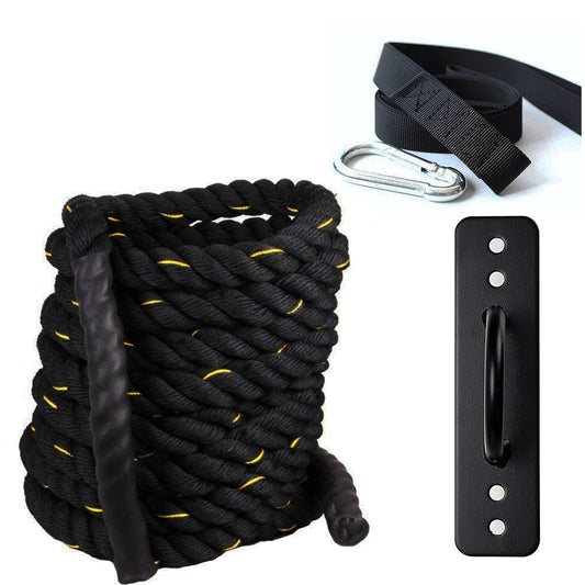 Fit Fusion Polyester Flexible Black Yellow Diameter 1.5-Inch Heavy Battle Rope for Gym and Home Workouts (Combo of Battle Rope,Anchor Strap Wall Mount)