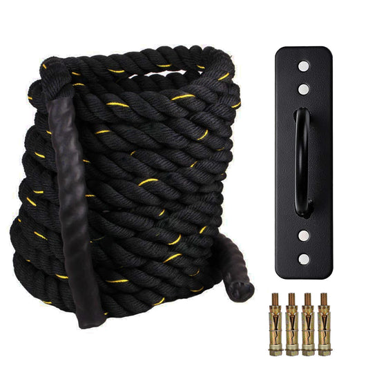 Fit Fusion Polyester Flexible Black Yellow Diameter 1.5-Inch Heavy Battle Rope for Gym and Home Workouts  Combo of Battle Rope,Wall Mount