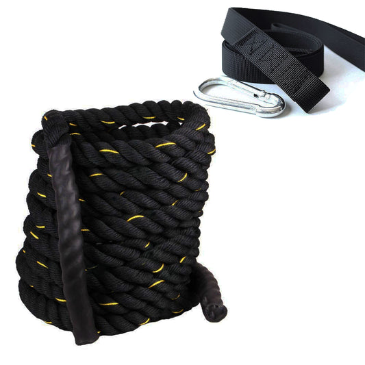 Fit Fusion Polyester Flexible Black Yellow Diameter 1.5-Inch Heavy Battle Rope for Gym and Home Workouts