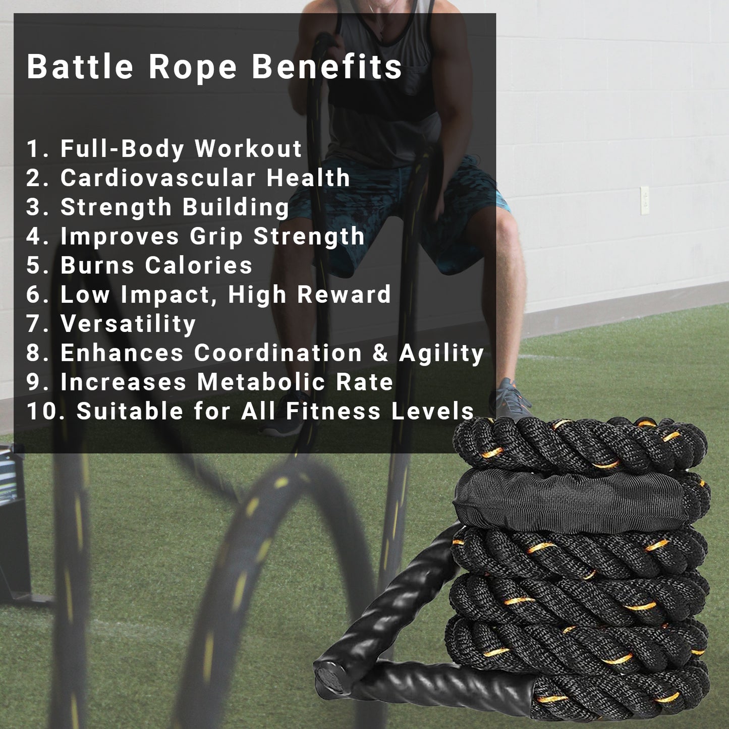 Battle Rope for Gym, Home, Heavy Battle Rope, 1.5 Inches Diameter (60 FT, Black-Yellow)