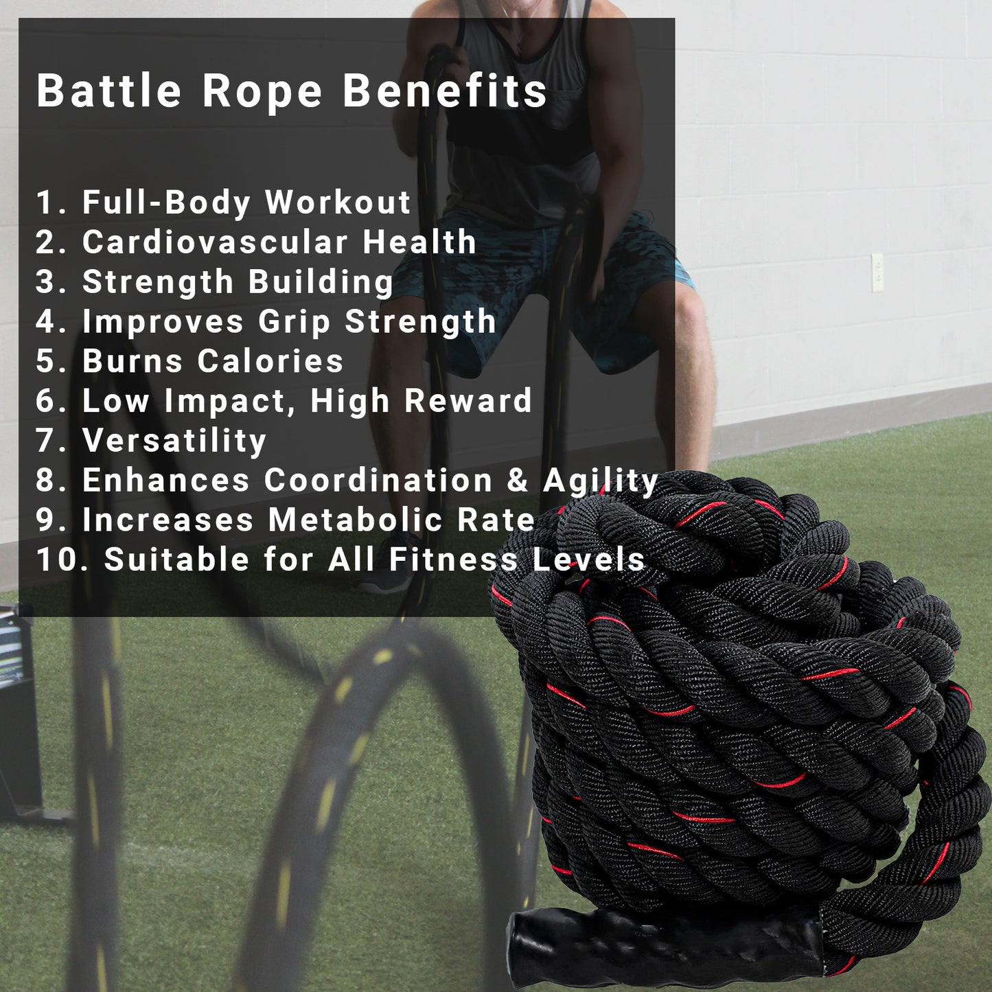 Battle Rope for Gym, Home, Heavy Battle Rope, 1.5 Inches Diameter (30 FT, Black-Red)