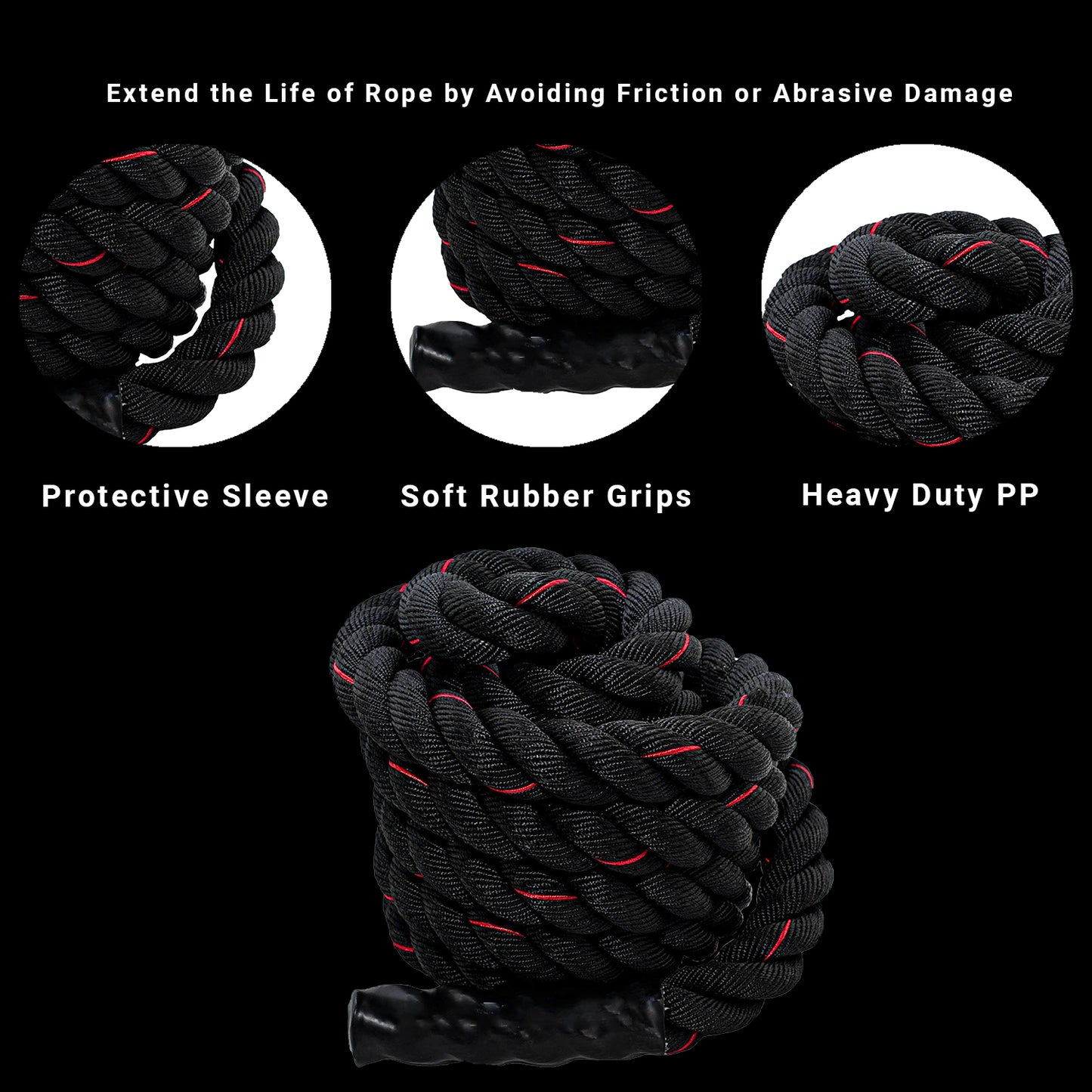 Battle Rope for Gym, Home, Heavy Battle Rope, 1.5 Inches Diameter (50 FT, Black-Red)